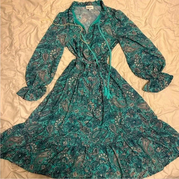 ❤️ Aura Turquoise Paisley Floral Modest Beautiful Long Sleeve Dress Blue Green - Picture 1 of 8